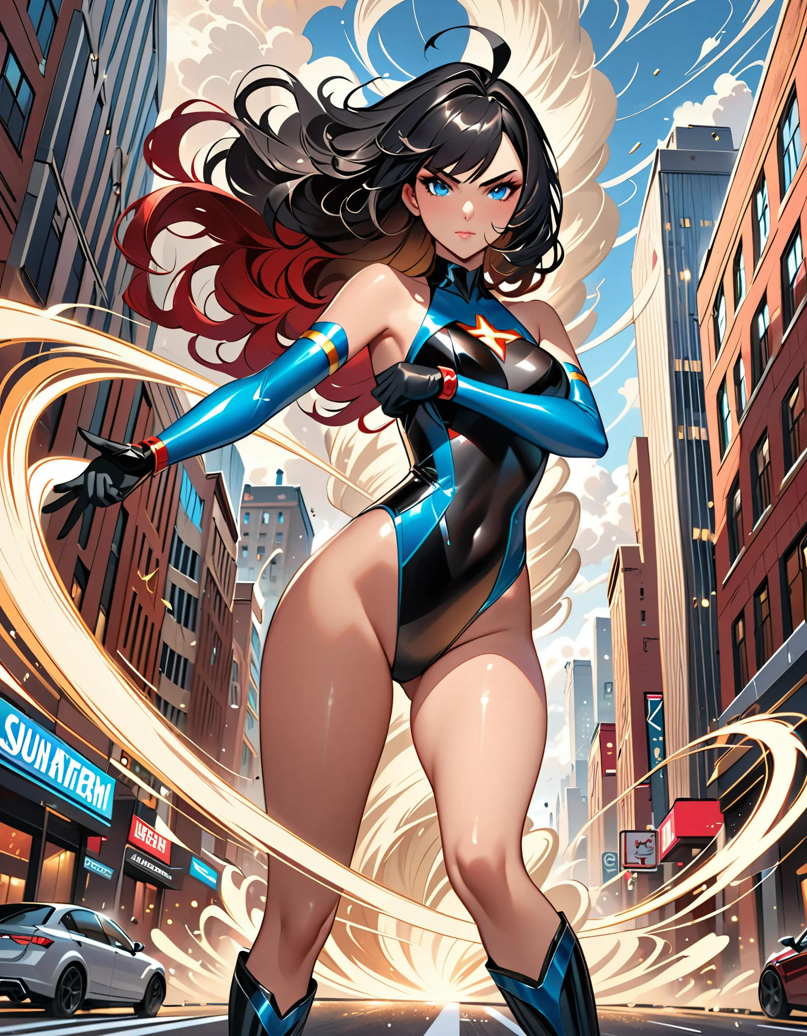 anime girl in a red and black suit twirling around in place on a city street, (fast spin, dynamic spin pose, standing straight), (spinning inside a tornado), (spinning in place like a tornado), see-through tornado in front of her, (crossed arms), extremely detailed artgerm, style artgerm, style ivan talavera and artgerm, krenz cushart and artgerm, range murata and artgerm, artgerm style, in the style artgerm, ig model | artgerm, artgerm detailed, black hair, long hair, medium hair, ahoge, blue eyes, ((leotard)), bare legs, matching boots and gloves, superhero, bracelets, solo, solo focus, curved sword slash