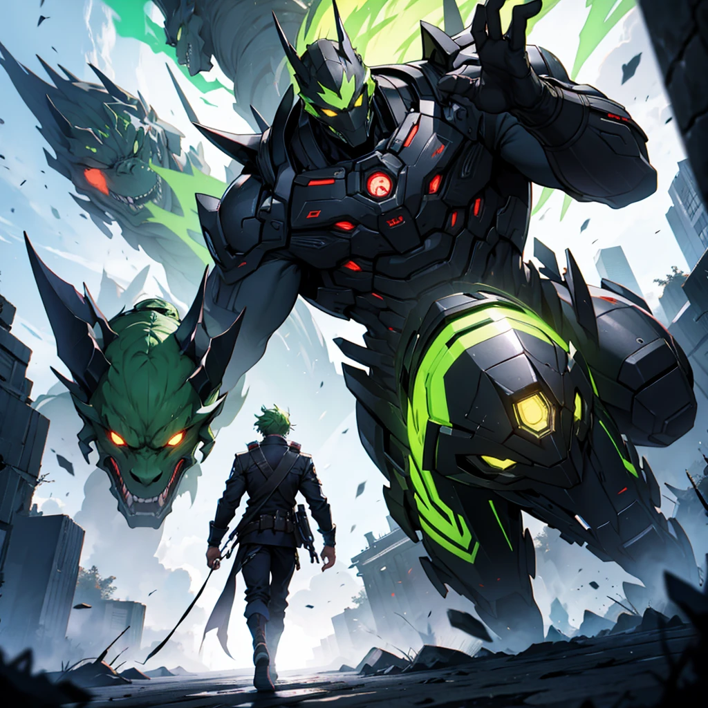 Jackson, with her messy green hair, He wears a metallic black suit in an anime style. Four Fulmen chips embedded in its limbs emit bright energy, while a fifth shines in his chest. Behind him, the silhouette of a giant demon looms ominously, adding a dark and powerful aura to the scene.