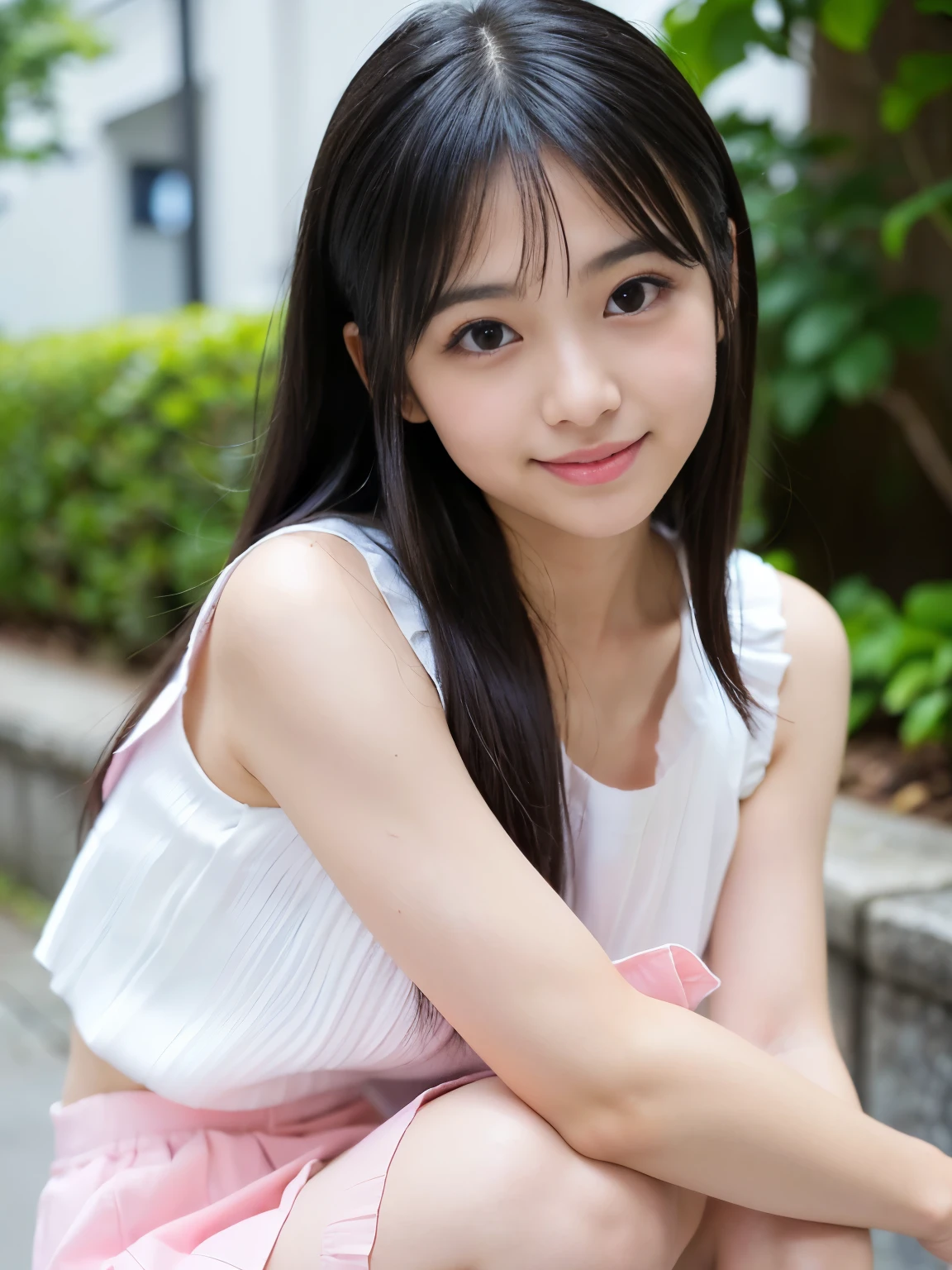 (Best-quality, Masterpiece, Ultra-High-Resolution, (Photorealistic:1.4), Raw Photo, depth of field, professional lighting, perfect anatomy, extremely details), (1girl, 15-years-old, the most famous Japanese-idol), (((panty-shot, crouching))), ((looking at viewer, innocent smile)), (((extremely beautiful and extremely realistic skins))), (((big-black-eyes))), (((extremely cute face like the most popular Japanese idol))), (long-eyelashes), (black long-straight-hair), (((wearing white sleeveless-shirt with cute-design and light-pink pleated-miniskirt with cute-design)))