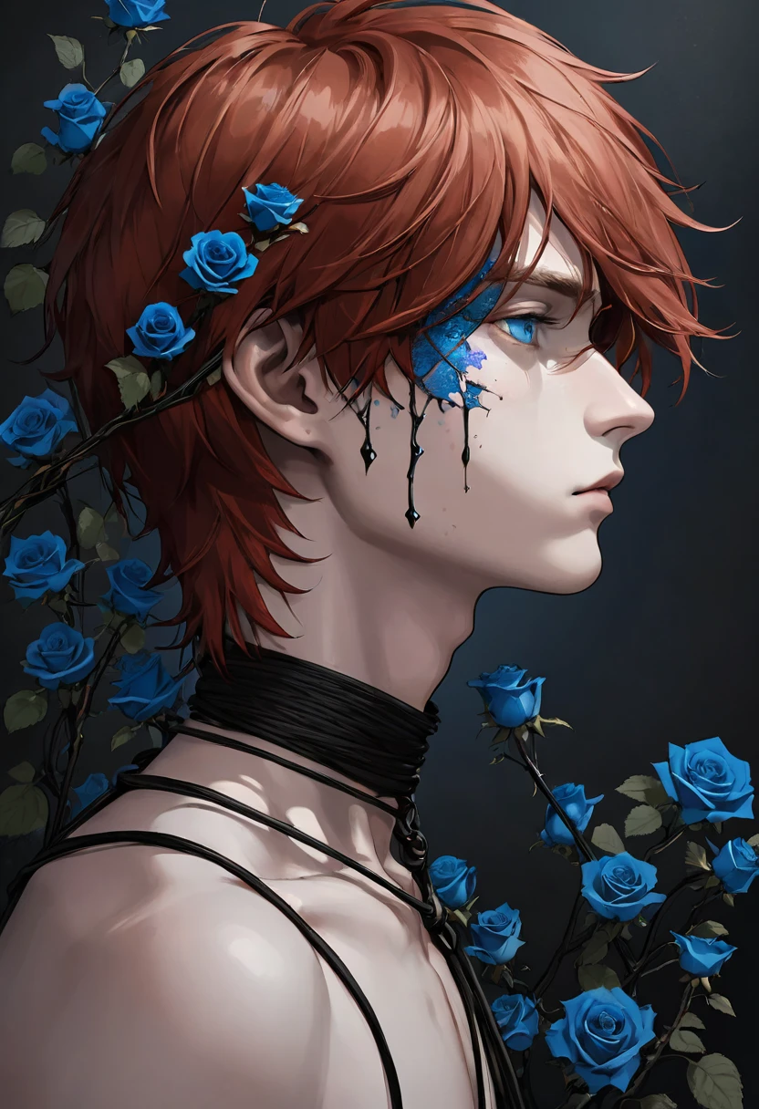 Imagine the side profile and naked body of an 18 y boy with short tousled red hair and blue round eyes with a straight nose, thin lips, long forehead, tied up with black roses and thorns that imprisoned and covered all his body suspended in air