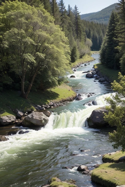 Strong wind lying trees, river with flowing waters.