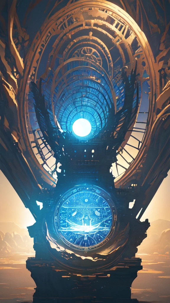 (masterpiece, Highest quality, Very detailed, Best Shadow), (Detailed Background,Dark fantasy), (Beautifully detailed landscapes), High Contrast, (Best lighting, Very delicate and beautiful), ((Cinematic Light)), colorful, Hyper Detail, Dramatic Light, Intricate details, Dynamic Angle), Black light swirling around, Depth of written boundary,black light particles,(Broken glass),magic circle,water,huge clocks,zero,the sun and the moon,Landscape only,There are no people,Watch Center,A clock sinking in water,Blue glowing light,Huge tower and city,Landscape