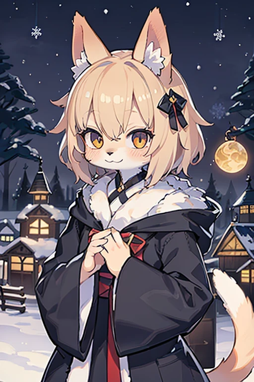 Snow Town ,((Highest quality)), Furry, Wizard Cat, Animal ears, tail, Body Fur, One girl, throw, Upper Body, One girl, alone, short hair, smile,Black Robe、Calico
