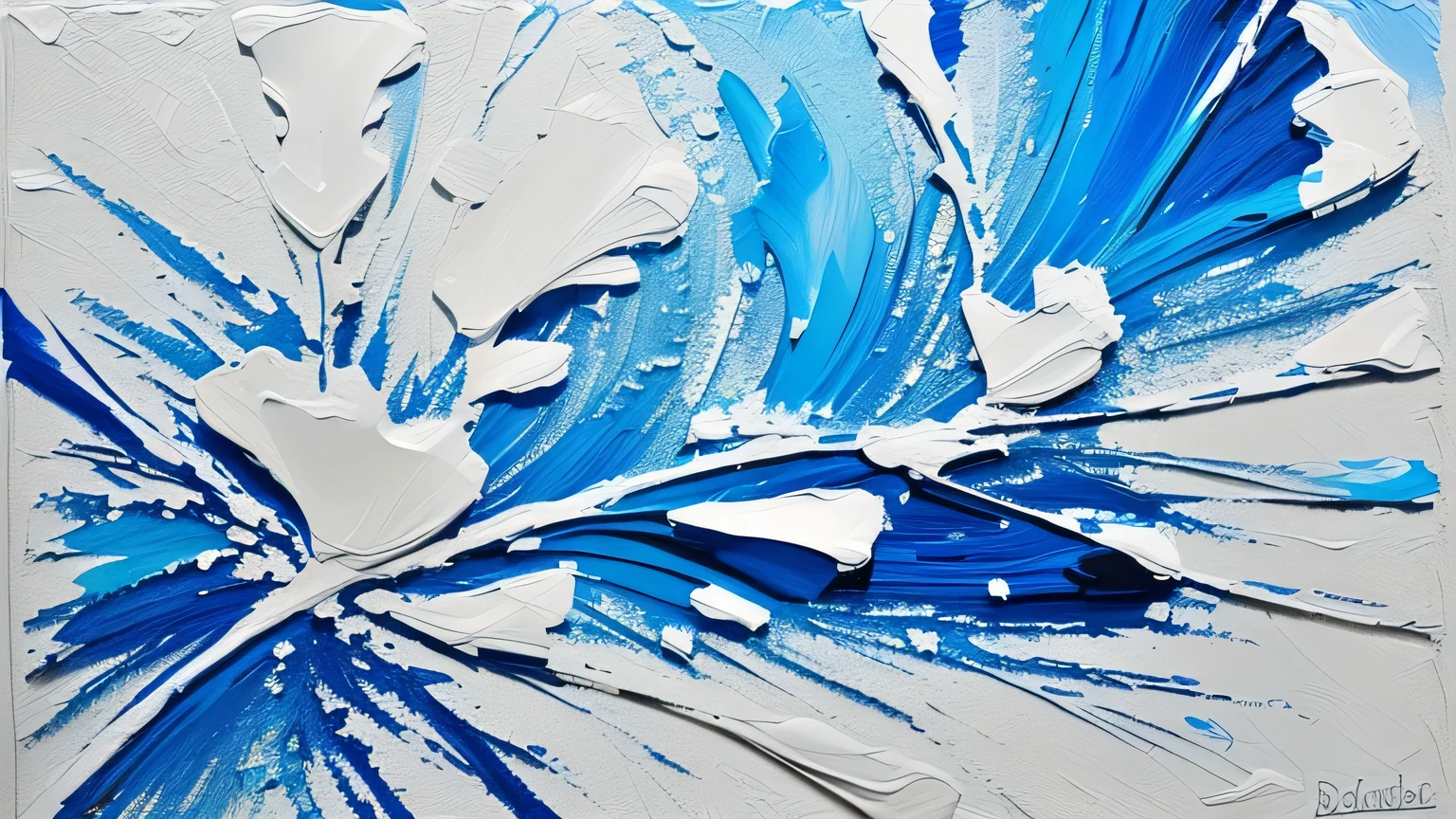 Close up of a painting with blue and white pigments, White and blue paint, palette knife texture, Detail Acrylic Palette Knife, Complex and wet paint, The main colors are white and blue, Thick paint dripping texture, Thick coating of pigments, Textured oil painting, Paint applied with a palette knife, Abstract Art, Palette knife and brush strokes