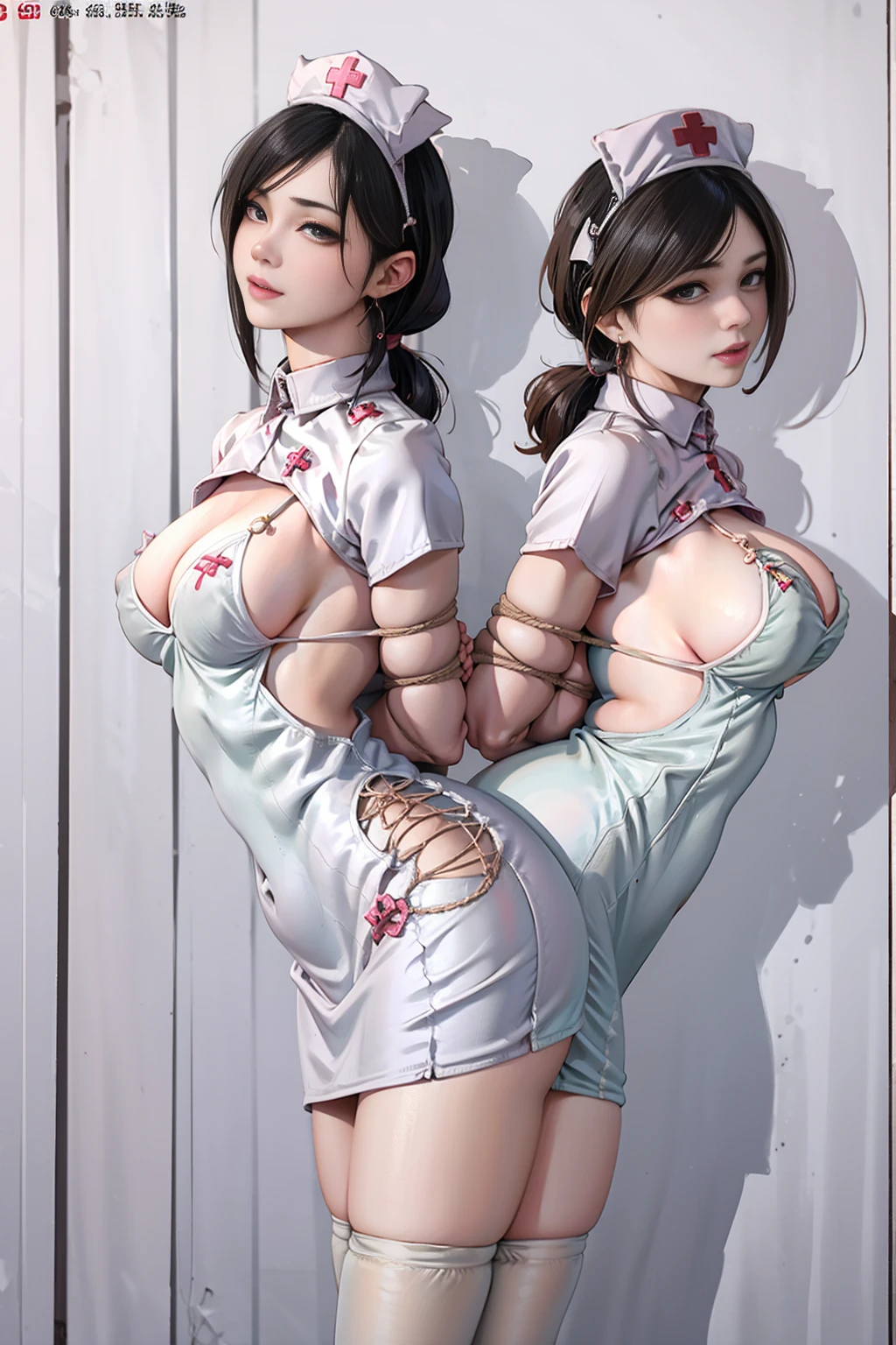 hospital, sickroom, sickbed,There are medicine bottles in a glass case,computer screen,( large window), city view, ((full body)),((2 girls)),(standing ),((side by side)),((one girl face forward)),((the other girl body facing back)), Nurse cap,bun,Shy smile,Hemp rope bound neck,((huge breast)),((breasts apart)),the arms are behind the back,Hemp rope bound arms,Hemp rope bound wrist,wrist was hung by a twine at the back of neck,crossed earrings, small waist, great hips,((white Nurse uniform)),Jewelry,((white Nurse dress)),Black stilettos ,