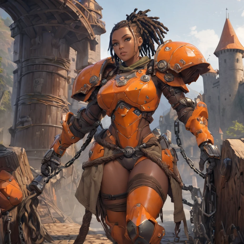 (best quality,4k,8k,highres,masterpiece:1.2), ultra-detailed, (Numerous award-winning masterpieces, incredibly detailed and textured, maximal resolution and clarity), imagine a high tech barbarian combining futuristic heavy orange armored space suit with primitive (barbaric furs) and loin cloth, her outer armor is a bold orange while her under layers are a dark green. under the armor liner covers her upper body and arms under the armor. The power armor has chipped pain and scratches from many battles, it has rivets and a very heavy looking chest plate, there are hoses on the chest plate. visible wires pistons and gears connect the shoulder pads to the armored gloves. her lower body is unarmored, she has bare hips and bare thighs. She is a muscular black woman with her short hair pulled back in dreadlocks. Black fur lines the shoulder pads, she wears a (black fur loincloth:1.1). Show her walking across a drawbridge made of heavy wood, chains connect it to a castle wall behind her.