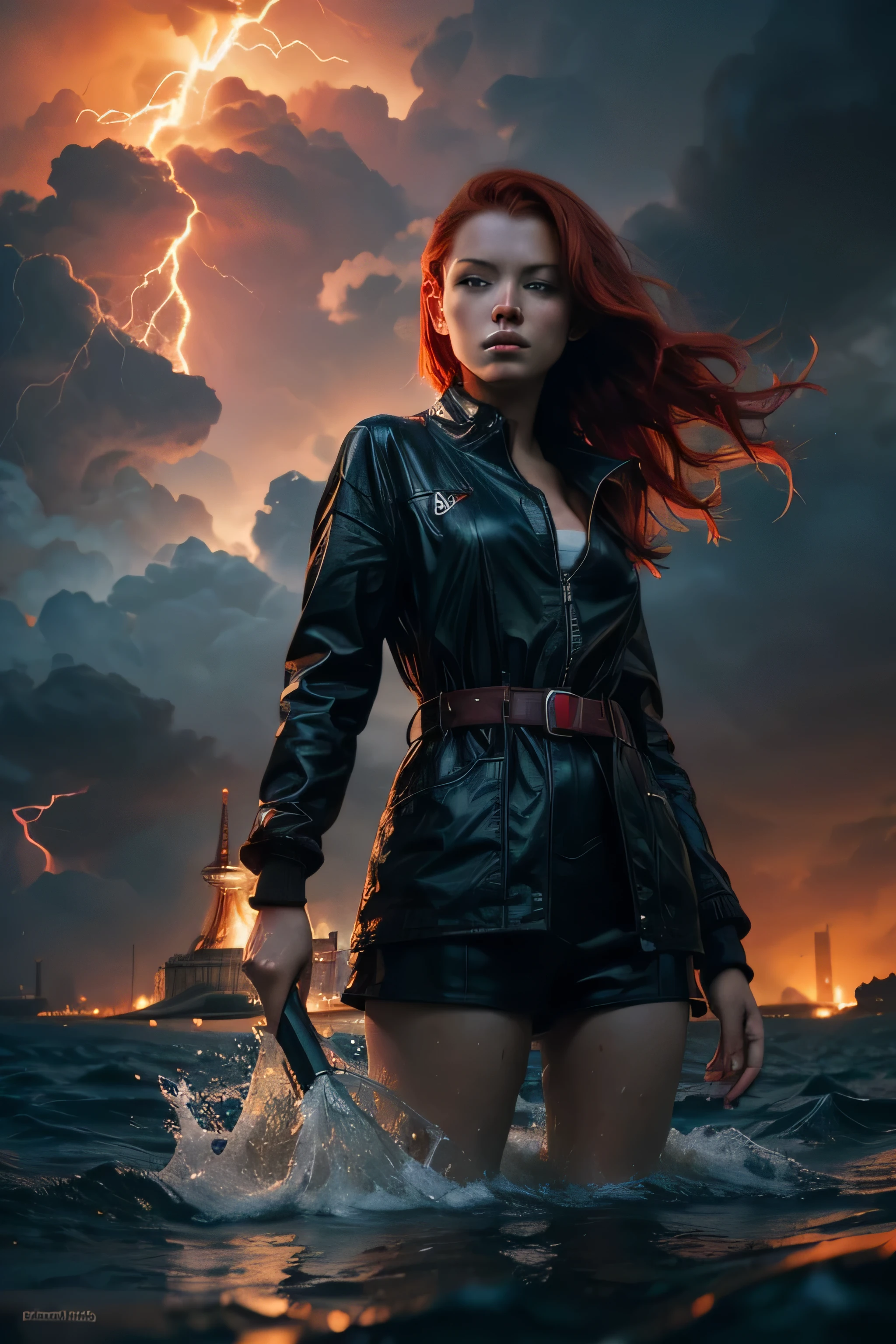 Jewelry Bonney on a Stormy Sea: Jewelry Bonney stands confidently on the deck of her pirate ship as it sails through a fierce storm. Her pink hair is wet but flowing in the wind, and her long coat billows dramatically behind her. With her hands gripping the ship’s rail, she smirks at the raging sea, ready for any challenge. Lightning illuminates the scene, capturing her fearless and rebellious nature.