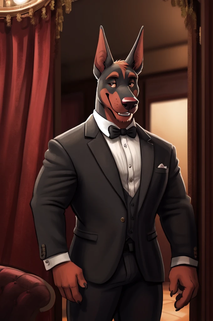 highest res, doberman, anthro, 4 fingers, most realistic detailed accurate blurred background, middle aged mature male in early 50's, muscular, musclar anthro, muscular male, tail, standing in most realistic detailed most luxurious fancy modern penthouse suite during party, solo, by dramamine, by nanoff, by minedoo, by dream_and_nightmare, by horrorbuns, short multi tone doberman fur, full body view, most realistic most detailed doberman fur pattern, color, and markings, most calm relaxed most tough and manly face, dynamic most tough and manly masculine relaxed happy fun cool pose, smiling, smiling at viewer, frontal view, fully front facing view, american, luxurious, fancy, modern, tall most sexy skinny most muscular body, daddy, dilf, open mouth, open eyes, detailed dark pupils, fully clothed male, perfect quality, masterpiece, perked up ears, facing viewer, without text, indoors, closeup, most detailed huge pecs, most realistic body proportions, most tough and manly, most detailed doberman teeth, clothes, wearing most detailed very tough and manly masculine very nice fancy tuxedo suit, hdr, 8k, most detailed short doberman hair, most detailed short most tough and manly mature most accurate masculine hairstyle, an14, best anatomy, perfect ergonomics, nighttime, e621, most masculine male, most realistic detailed accurate party decorations, 