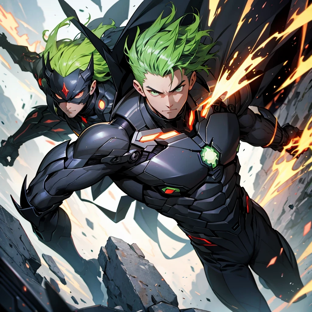 Jackson, with her messy green hair, He wears a metallic black suit in an anime style. Four Fulmen chips embedded in its limbs emit bright energy, while a fifth shines in his chest. Behind him, the silhouette of a giant demon looms ominously, adding a dark and powerful aura to the scene.