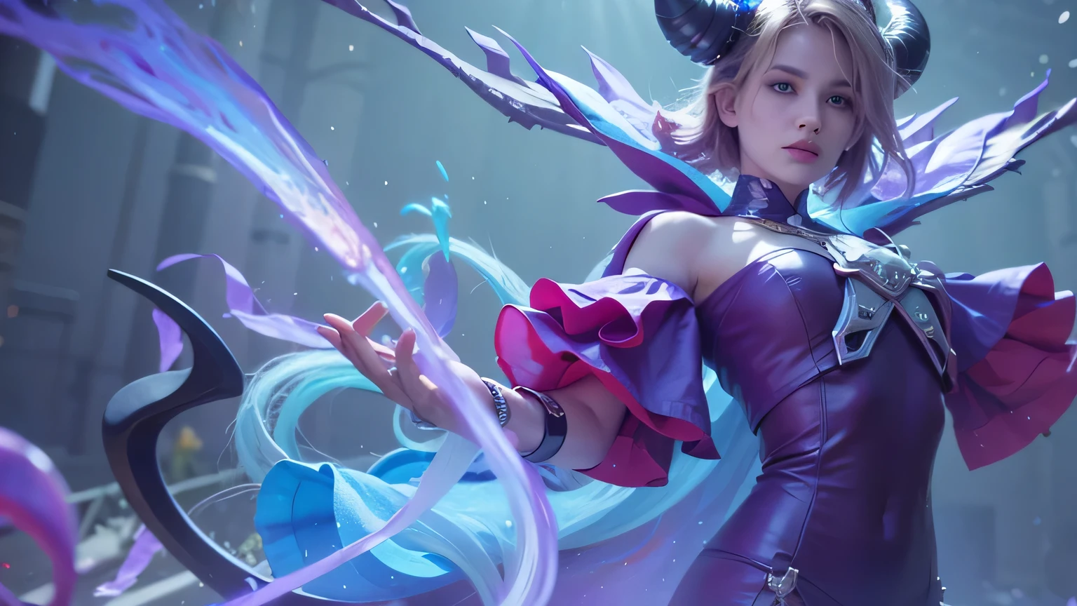 A woman, purple top, beautiful, horn, yellow eyes, red lips, dark aura.