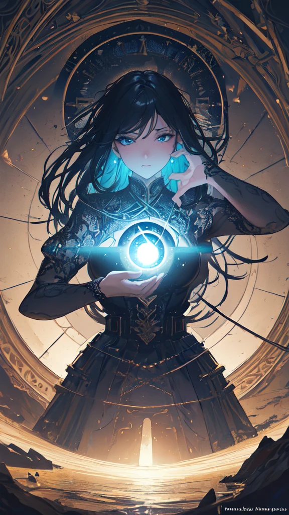 (masterpiece, Highest quality, Very detailed, Best Shadow), (Detailed Background,Dark fantasy), (Beautifully detailed landscapes), High Contrast, (Best lighting, Very delicate and beautiful), ((Cinematic Light)), colorful, Hyper Detail, Dramatic Light, Intricate details, Dynamic Angle), Black light swirling around, Depth of written boundary,black light particles,(Broken glass),magic circle,water,huge clocks,zero,the sun and the moon,Landscape only,There are no people,Watch Center,A clock sinking in water,Blue glowing light,Huge tower and city,Landscape