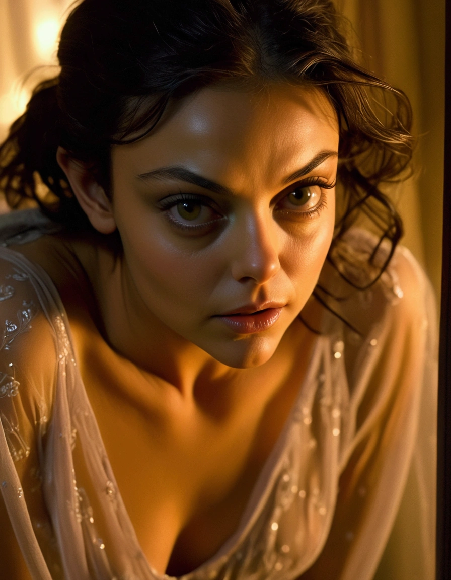 Mila Kunis (age 25, sheer night gown) in a trance in her bedroom an alien is looking her over, UFO outside window