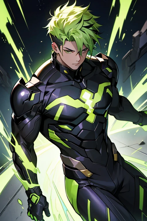 Jackson, with her messy green hair, He wears a metallic black suit in an anime style. Four Fulmen chips embedded in its limbs emit bright energy, while a fifth shines in his chest..