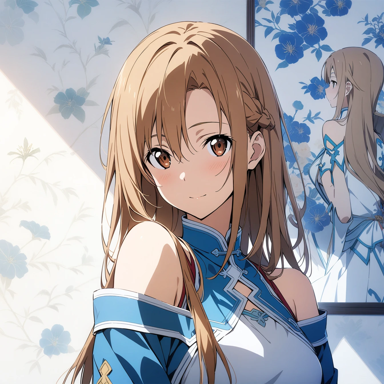 masterpiece,best quality,1 girl, asuna \(Star\), Sword Art Online,very beautiful,Chinese style,Guild clothing,Oriental wallpaper,flower,blue tint,Natural light,soft light,White background,shadow,brown hair,The character is in the middle of the picture,Half body,Off the shoulders