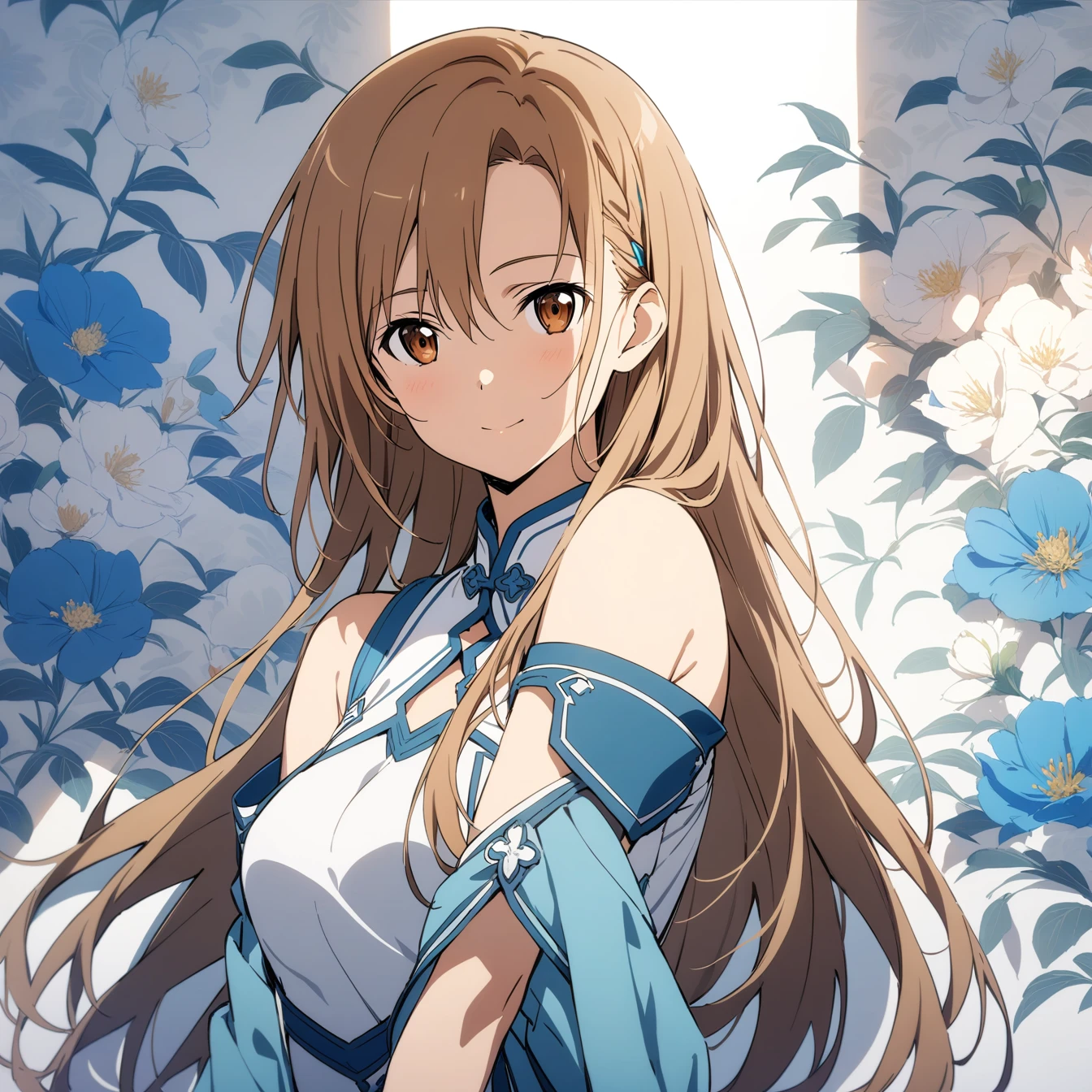 masterpiece,best quality,1 girl, asuna \(Star\), Sword Art Online,very beautiful,Chinese style,Guild clothing,Oriental wallpaper,flower,blue tint,Natural light,soft light,White background,shadow,brown hair,The character is in the middle of the picture,Half body,Off the shoulders
