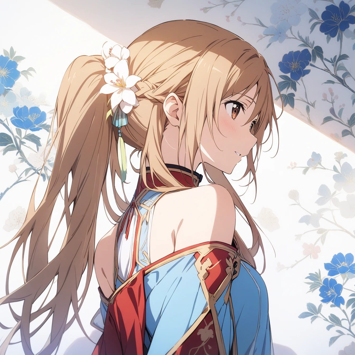 masterpiece,best quality,1 girl, asuna \(Star\), Sword Art Online,very beautiful,Chinese style,Guild clothing,Oriental wallpaper,flower,blue tint,Natural light,soft light,White background,shadow,brown hair,The character is in the middle of the picture,Half body,Off the shoulders
