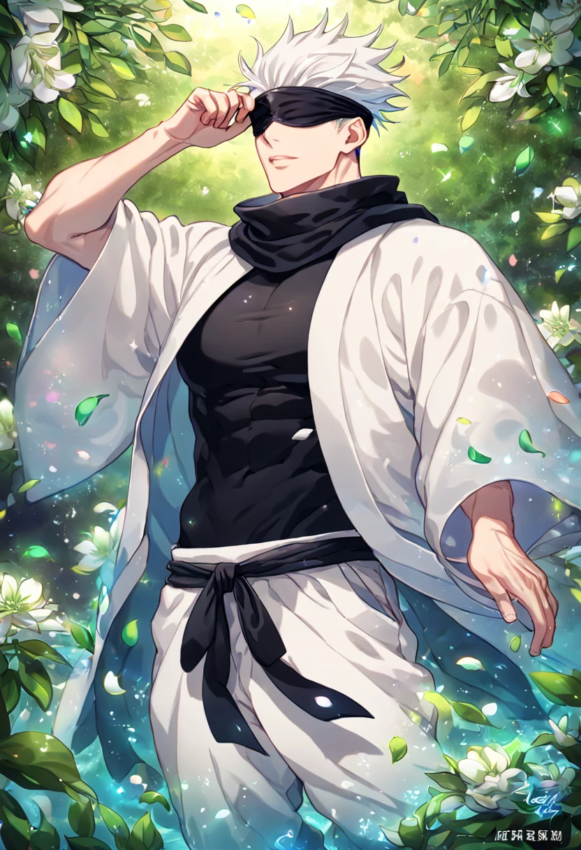 Ultra detailed, HDR, Highres, absurdres, master piece, Gojou Satoru, white hair, slicked back hair, blindfolded eyes, black scarf, black tight shirt, white haori, white baggy pants, Jujutsu Kaisen, sexy man, handsome, flowers, petals, fantasy, magical, green leaves, summer, handsome, sensual, best quality, glittering, solo, manly man, water,