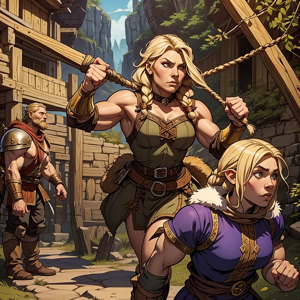 Muscular viking woman with blonde braided hair dressed in fur/pelts with a female halfling with short brown hair on her shoulders. A sack with potatoes falling on the ground beside them. Dungeons and dragons characters. Fantasy.