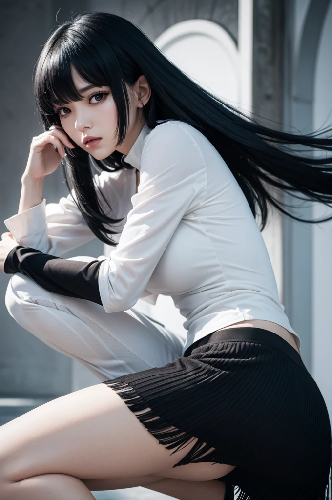 Character with black hair, white color and fringe, battle