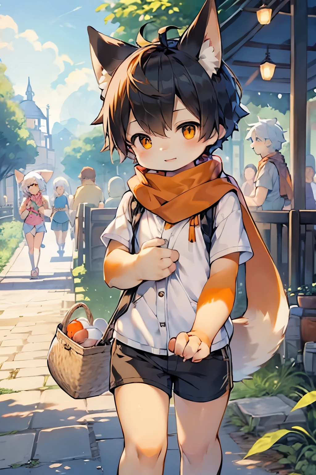 Fox Boy，Furry boys，Infant and child characteristics，White hair，Yellow skin，White Arm，scarf，shorts，Fox Girl，Furry girls，女Infant and child characteristics，Black hair，Black Arm，Orange Skin，scarf，Short skirt，Brothers and sisters，Eye contact，run，Town Park Background