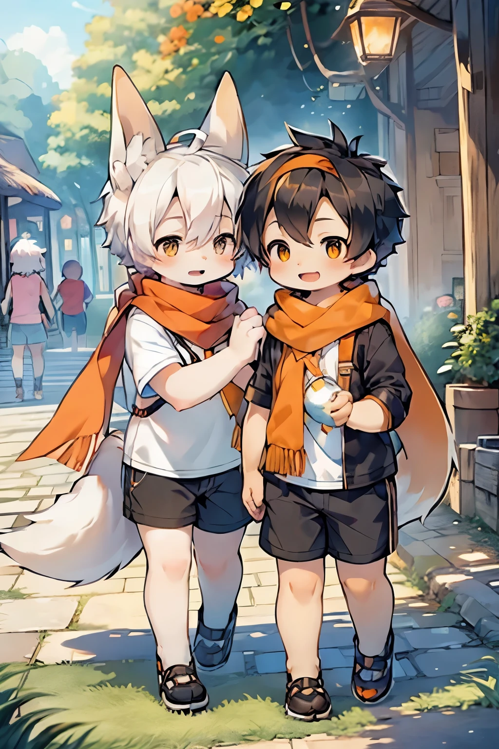 Fox Boy，Furry boys，Infant and child characteristics，White hair，Yellow skin，White Arm，scarf，shorts，Fox Girl，Furry girls，女Infant and child characteristics，Black hair，Black Arm，Orange Skin，scarf，Short skirt，Brothers and sisters，Eye contact，run，Town Park Background