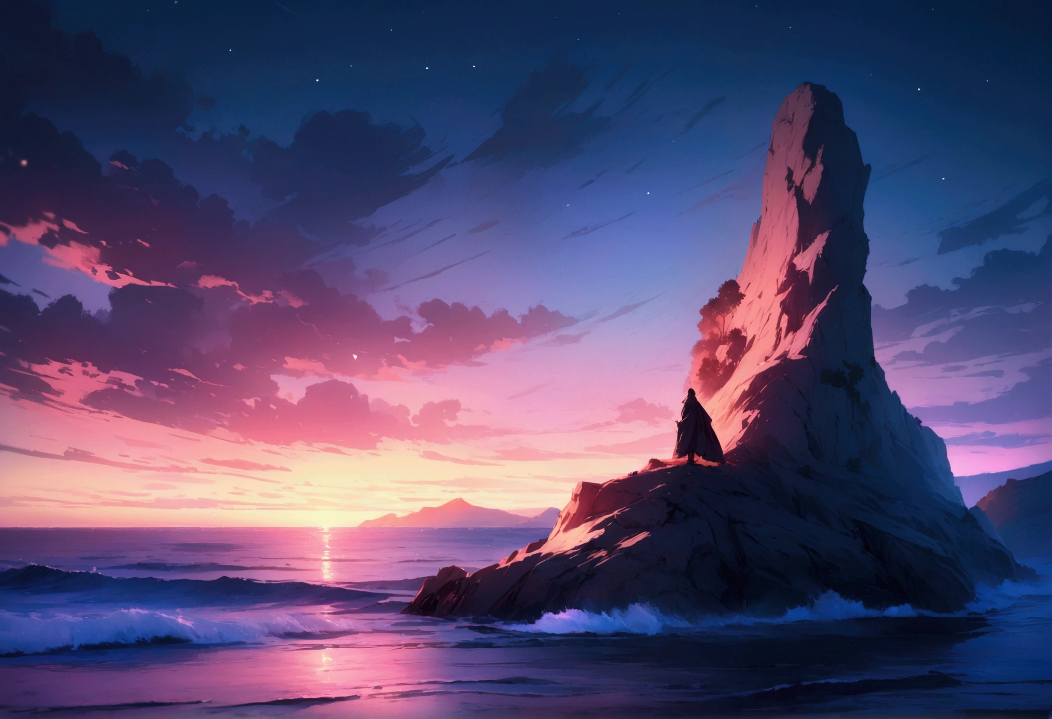 ((Highest quality,4K,8k,High resolution,masterpiece:1.2),Very detailed,(practical,photopractical,photo-practical:1.37),(figure : 1.0), A magnificent composition, Realistic lighting, Details of High resolution, masterpiece, Highest quality, (8K wallpapers incorporating highly detailed CG) , quiet night,Beautiful sea,Great View,vision,landscape,Wave,peaceful,peaceful,fresh air,peaceful atmosphere,Endless Horizon,Vibrant colors,sky reflection on 海 surface,Mountain in the background々,The magnificent beauty of nature,Land and Sea,Relaxing environment, Background only, Only the view,