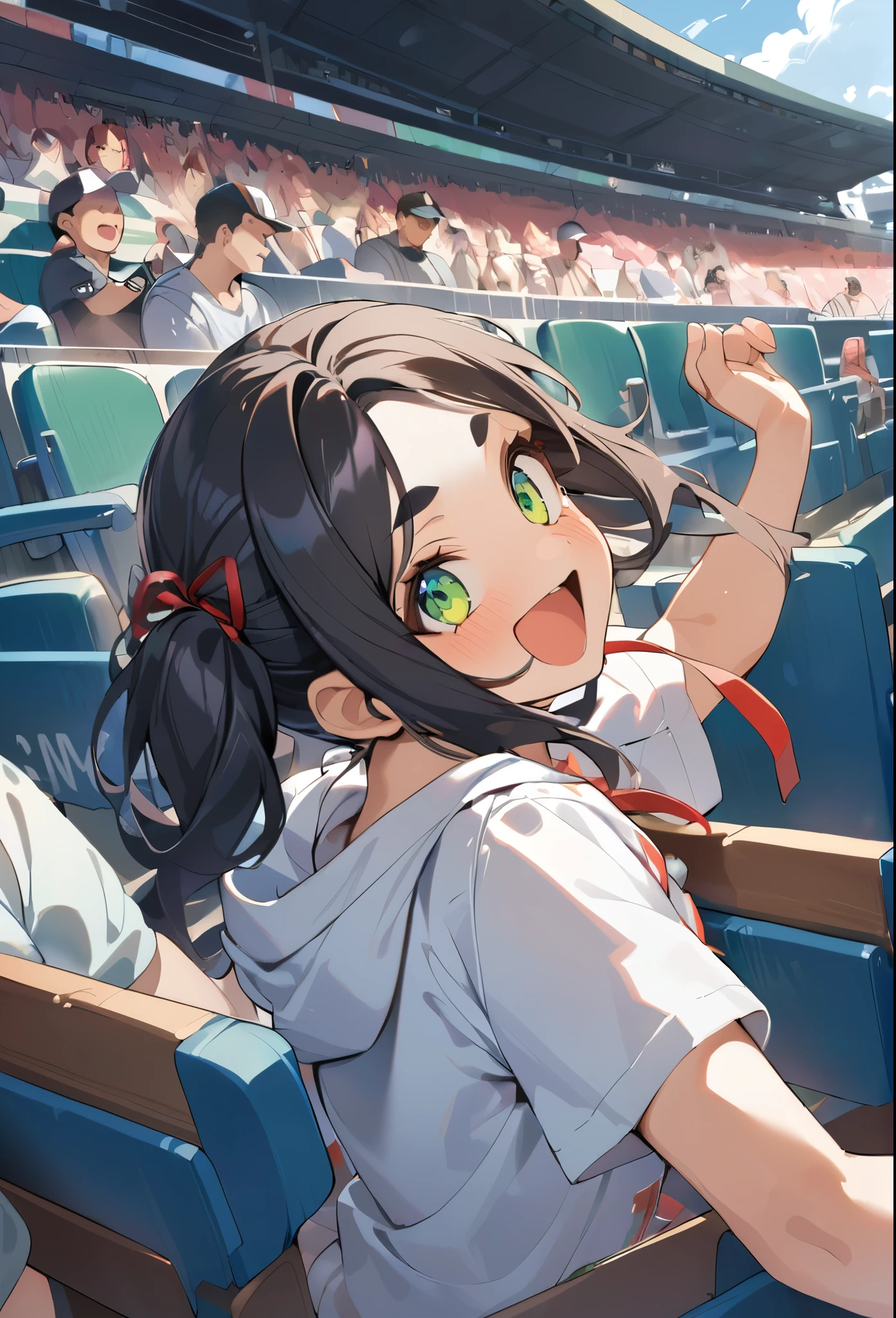 (master piece),(best quality), BREAK, 12yo girl,darkskin body,small breast, multicolored black hair,little ponytails,short hair with long locks,open mouth,looking back,green eyes,thick eyebrow,Excited smiles,open mouth widen,False eyelashes,hooded summer sweatshirt,cotton red ribbon,Audience seats,premiumseat,baseball stadium,