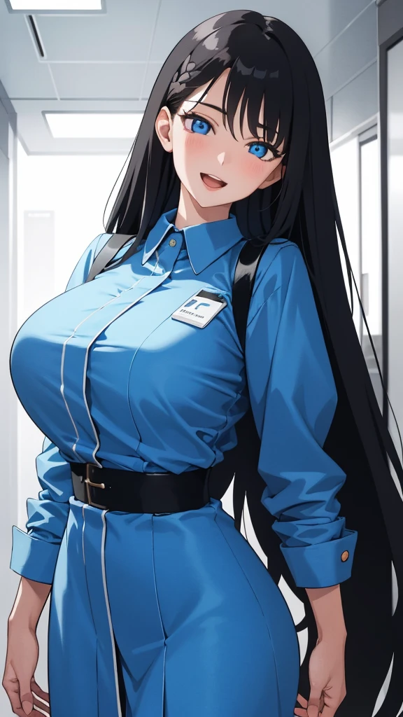 (masterpiece), (best quality), (ultra-detailed), ((girl, 29 years old)), an extremely delicate and beautiful, detailed eyes, minute details, (black hair, long hair, straight hair, hair between eyes), ((big breasts)), smile, open mouth, ((beautiful eyes)), (blue eyes), (upper body), she is wearing a blue dress, (detailed clothes), (detailed background, in a hospital, hospital hallway), (monochrome)