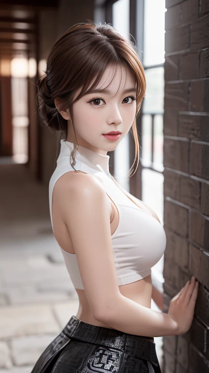 photography of a brightly sangmi nam who is korean actress,masterpiece,photorealistic,analog,realism,korean idol,slim leg, long_brown_hair,1 girl, very bright backlighting, solo, {beautiful and detailed eyes},large breasts, calm expression, natural and soft light,delicate facial features, Blunt bangs, beautiful Korean girl, eye smile,22yo, ((model pose)), Glamor body type,(half red and brown hair), flim grain, realhands, masterpiece, Best Quality, photorealistic, ultra-detailed, finely detailed, high resolution,brown messy hair, perfect dynamic composition, beautiful detailed eyes,Korean girl,((nervous and embarrassed)),sharp-focus, beautymix, FilmGirl,(hair in an updo:1.3),(wearing a black sleeveless high-neck crop top,a black patterned long wrap skirt:1.4),facing reality,shy smile,(You must be standing in an ancient Chinese-style corridor paved with stone tiles:1.5),(cowboy shot:1.5),sexy pose