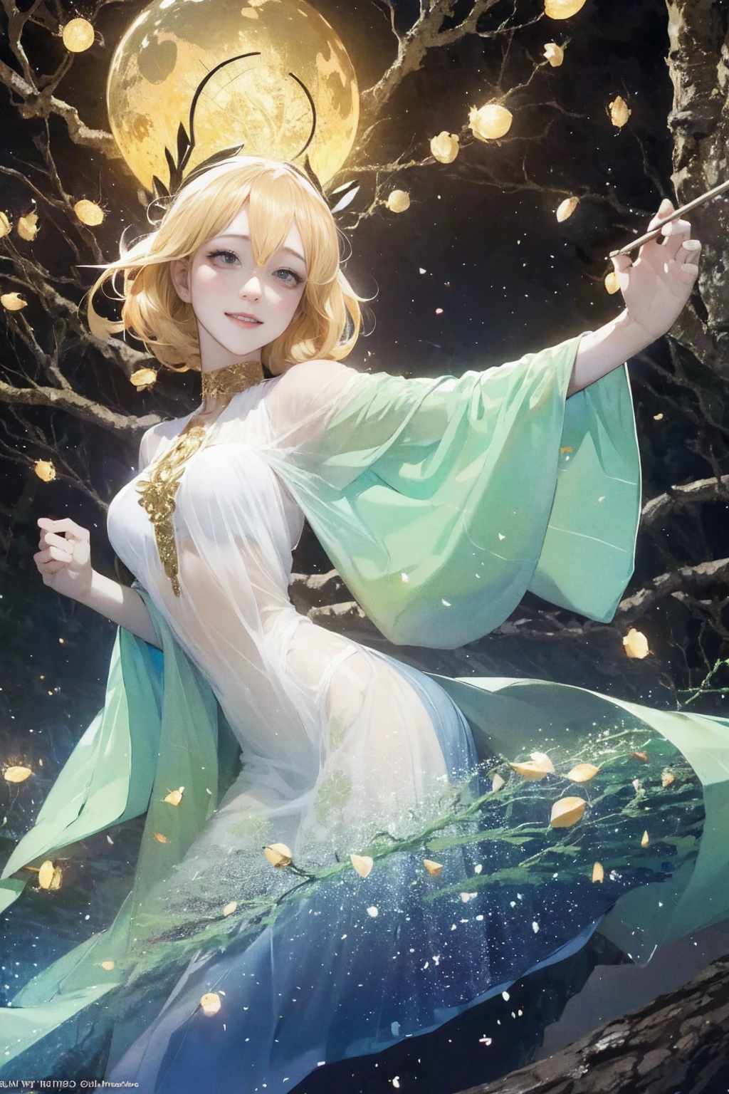 1 girl, ,,Simple smile, High-definition images, A woman, Her hair is decorated with glowing fireflies, There is a charming light in the eyes. Wearing a robe woven from moonlight, She stood in a mysterious forest,The trees come alive. on site, Bathed in the ethereal light of fireflies, Captured in an enchanted forest art style., (masterpiece, best quality, Official Art,Intricate details:1.2),Bikini,underwear,,Ketone bodies are looming