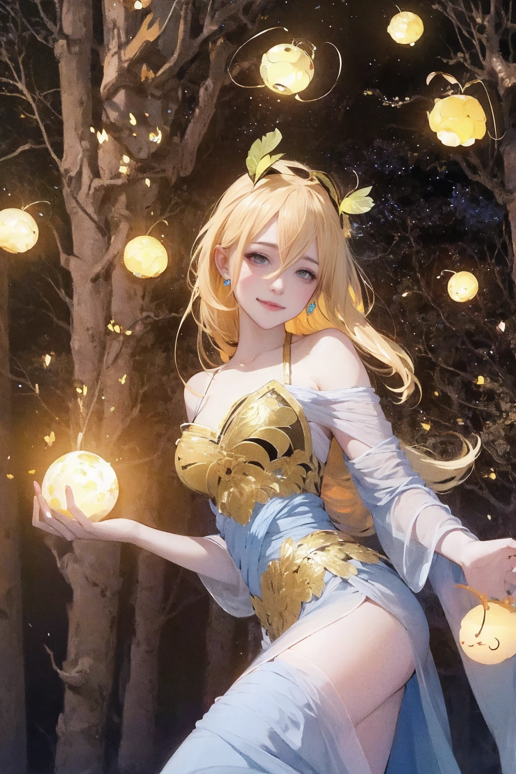 1 girl, ,,Simple smile, High-definition images, A woman, Her hair is decorated with glowing fireflies, There is a charming light in the eyes. Wearing a robe woven from moonlight, She stood in a mysterious forest,The trees come alive. on site, Bathed in the ethereal light of fireflies, Captured in an enchanted forest art style., (masterpiece, best quality, Official Art,Intricate details:1.2),Bikini,underwear,,Ketone bodies are looming