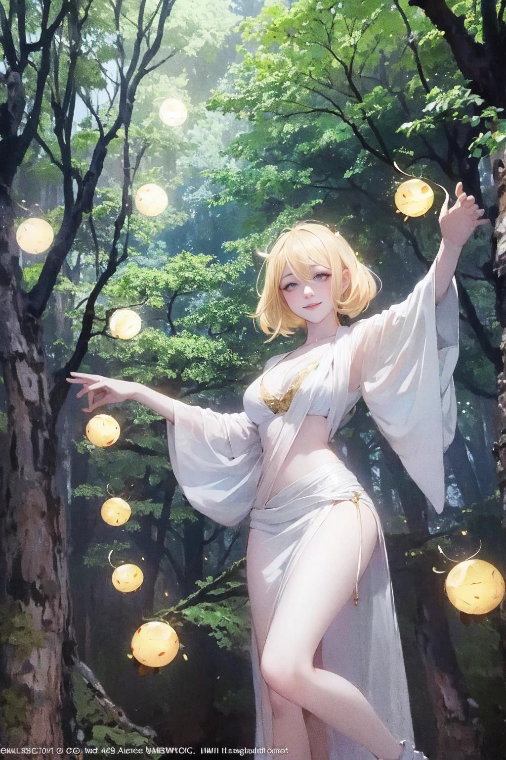 1 girl, ,,Simple smile, High-definition images, A woman, Her hair is decorated with glowing fireflies, There is a charming light in the eyes. Wearing a robe woven from moonlight, She stood in a mysterious forest,The trees come alive. on site, Bathed in the ethereal light of fireflies, Captured in an enchanted forest art style., (masterpiece, best quality, Official Art,Intricate details:1.2),Bikini,underwear,,Ketone bodies are looming
