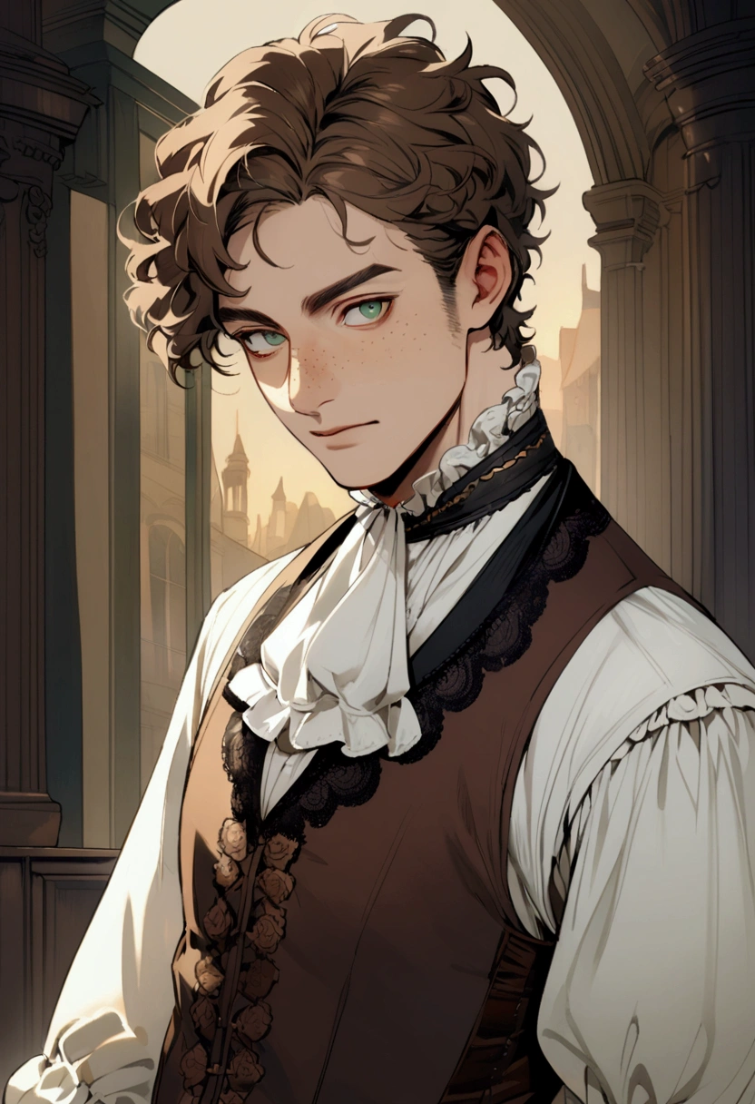 A man with soft, masculine features, short brown hair with messy bangs, clear green eyes, freckles on cheeks and nose. victorian style clothing
