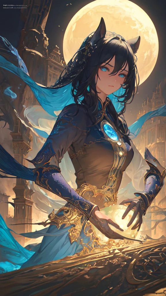 (masterpiece, Highest quality, Very detailed, Best Shadow), (Detailed Background,Dark fantasy), (Beautifully detailed landscapes), High Contrast, (Best lighting, Very delicate and beautiful), ((Cinematic Light)), colorful, Hyper Detail, Dramatic Light, Intricate details, Dynamic Angle), Black light swirling around, Depth of written boundary,black light particles,(Broken glass),magic circle,water,huge clocks,zero,the sun and the moon,Landscape only,There are no people,Watch Center,A clock sinking in water,Blue glowing light,Huge tower and city,Landscape,青く輝く光
