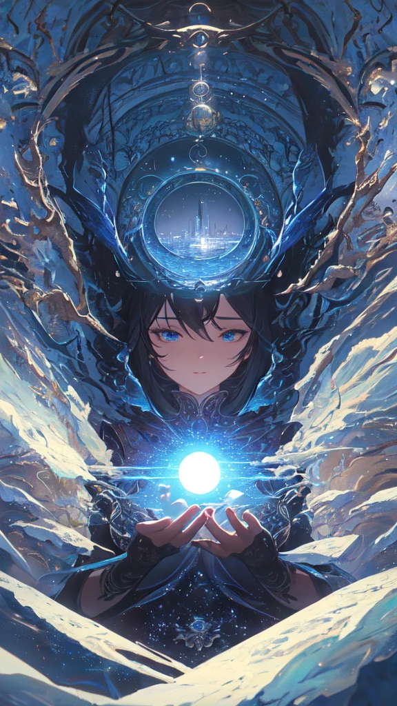 (masterpiece, Highest quality, Very detailed, Best Shadow), (Detailed Background,Dark fantasy), (Beautifully detailed landscapes), High Contrast, (Best lighting, Very delicate and beautiful), ((Cinematic Light)), colorful, Hyper Detail, Dramatic Light, Intricate details, Dynamic Angle), Black light swirling around, Depth of written boundary,black light particles,(Broken glass),magic circle,water,huge clocks,zero,the sun and the moon,Landscape only,There are no people,Watch Center,A clock sinking in water,Blue glowing light,Huge tower and city,Landscape,青く輝く光