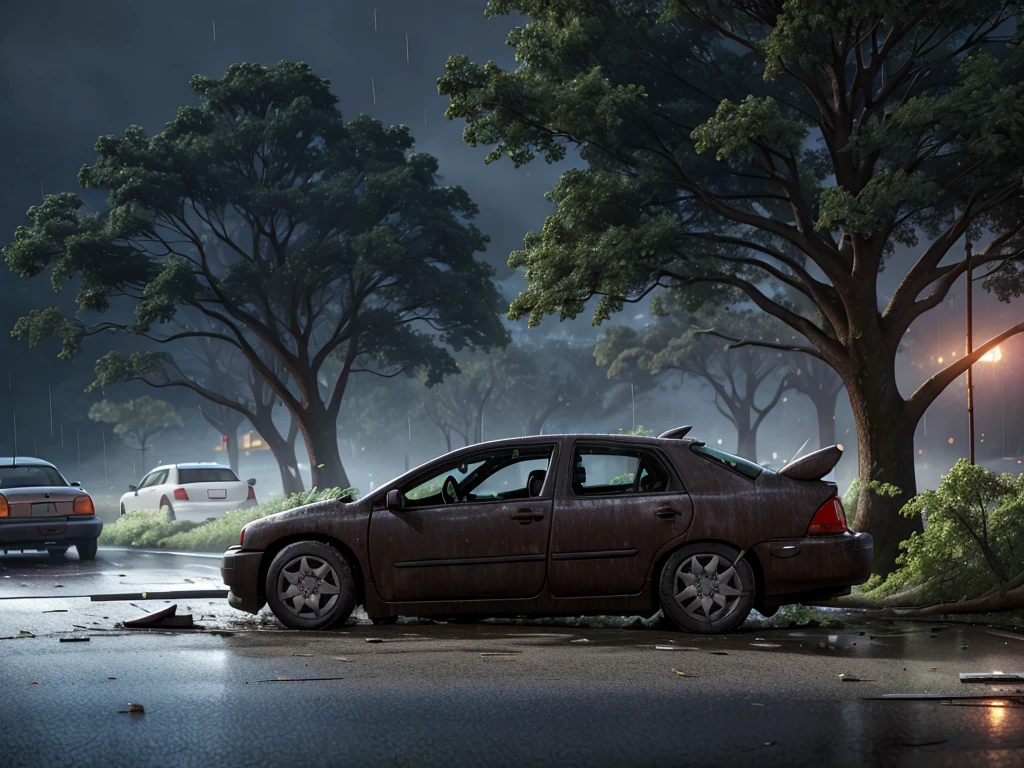 The car skidded in the rain and hit a large tree on the side of the road, shattered glass and shattered headlights