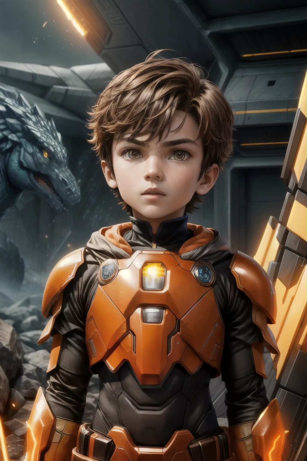 megzeromyth2023,1boy, short brown hair, yellow armor, orange energy sword, 8k, uhd, best quality, masterpiece, intricate,4k,8HD,dino armor,power ranger style,young boy,no helmet,not helmet,futuristic armor