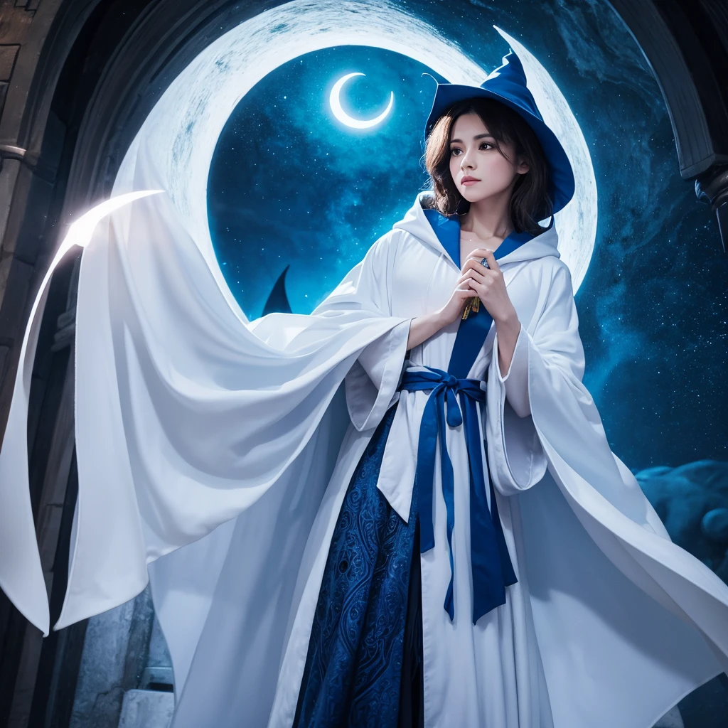 A witch wearing a white robe and a blue cloak, holding a blue crescent wand