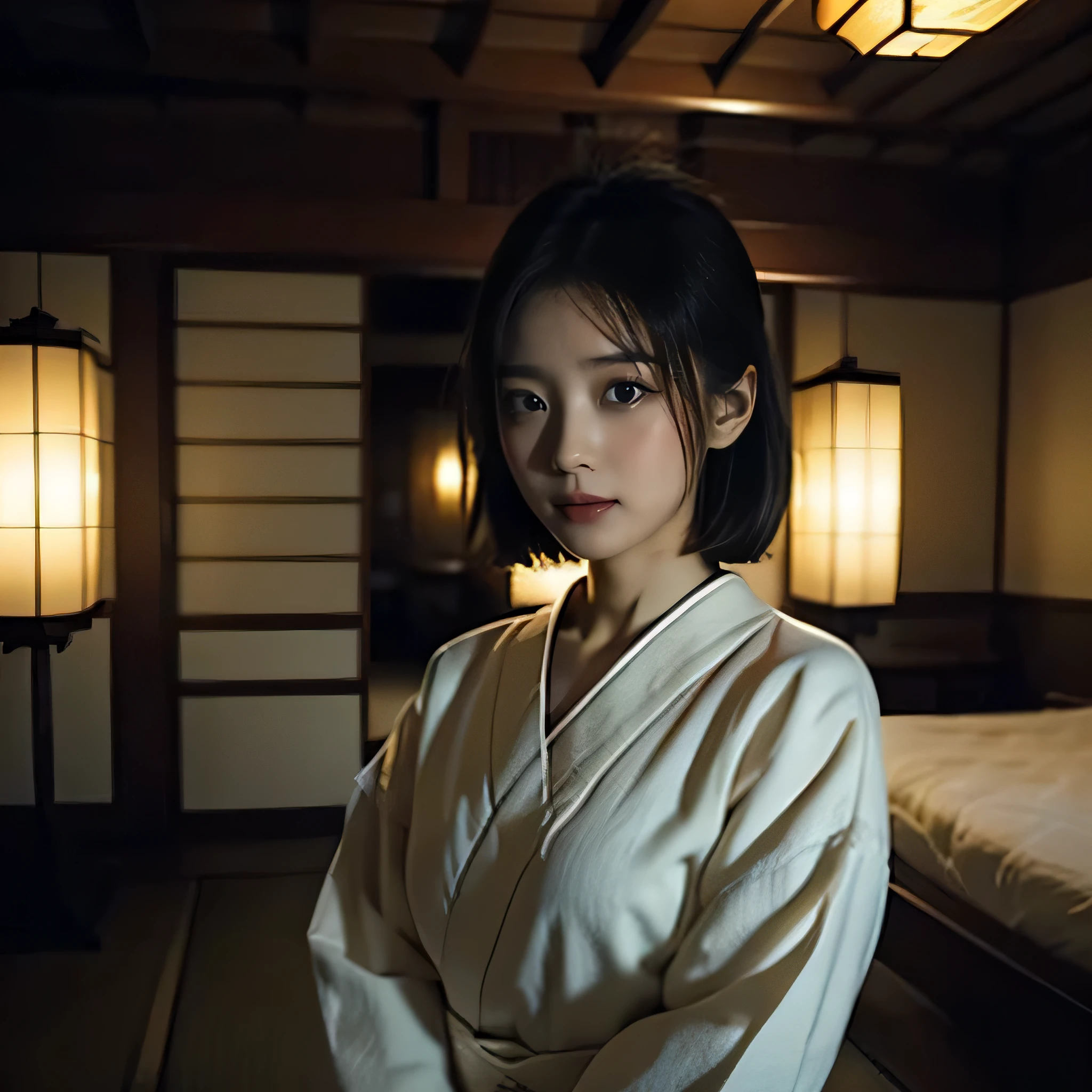 Being scared、Horror、dark、Faint light、Blurred Background、Old Japanese-style room、The beautiful woman has a tired look