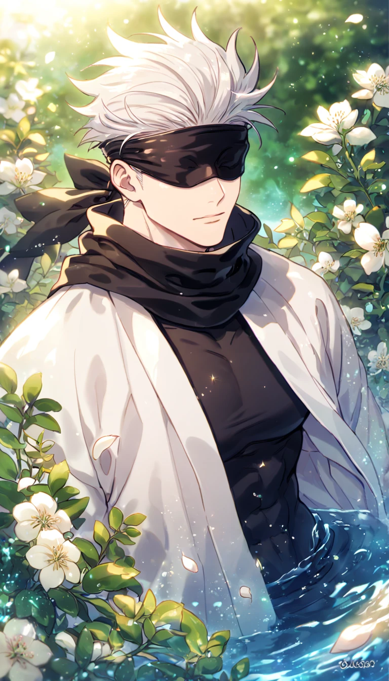 Ultra detailed, HDR, Highres, absurdres, master piece, Gojou Satoru, white hair, slicked back hair, blindfolded eyes, black scarf, black tight shirt, white haori, Jujutsu Kaisen, sexy man, handsome, flowers, petals, fantasy, magical, green leaves, summer, handsome, sensual, best quality, glittering, solo, manly man, water,