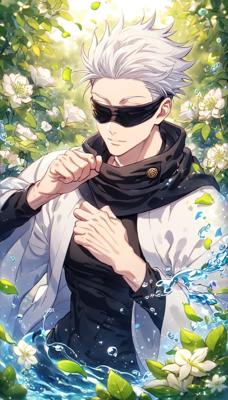 Ultra detailed, HDR, Highres, absurdres, master piece, Gojou Satoru, white hair, slicked back hair, blindfolded eyes, black scarf, black tight shirt, white haori, Jujutsu Kaisen, sexy man, handsome, flowers, petals, fantasy, magical, green leaves, summer, handsome, sensual, best quality, glittering, solo, manly man, water,