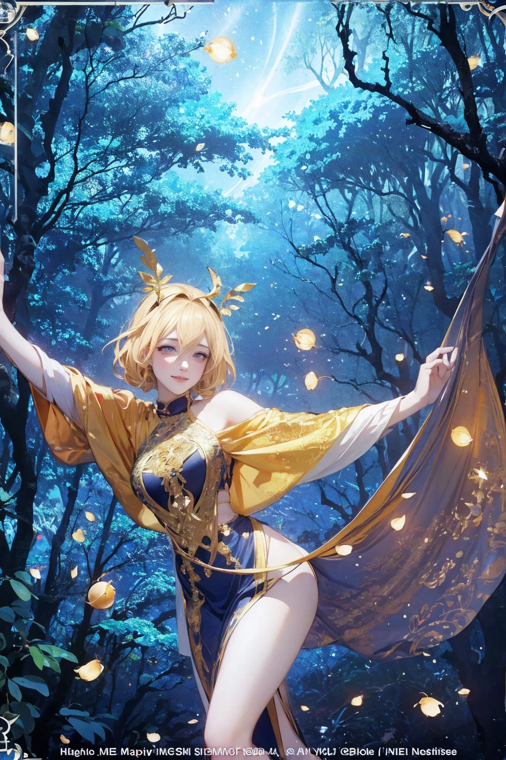 1 girl, ,,Simple smile, High-definition images, A woman, Her hair is decorated with glowing fireflies, There is a charming light in the eyes. Wearing a robe woven from moonlight, She stood in a mysterious forest，The trees come alive. on site, Bathed in the ethereal light of fireflies, Captured in an enchanted forest art style., (masterpiece, best quality, Official Art,Intricate details:1.2)，Bikini，underwear，，Ketone bodies are looming