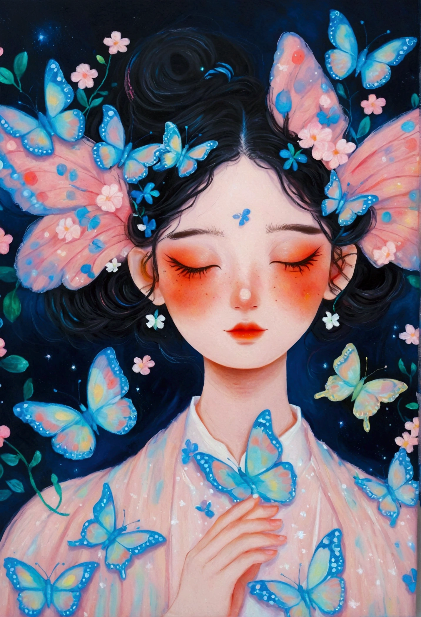 A painting，Pastel Art。Glowing butterflies，collective