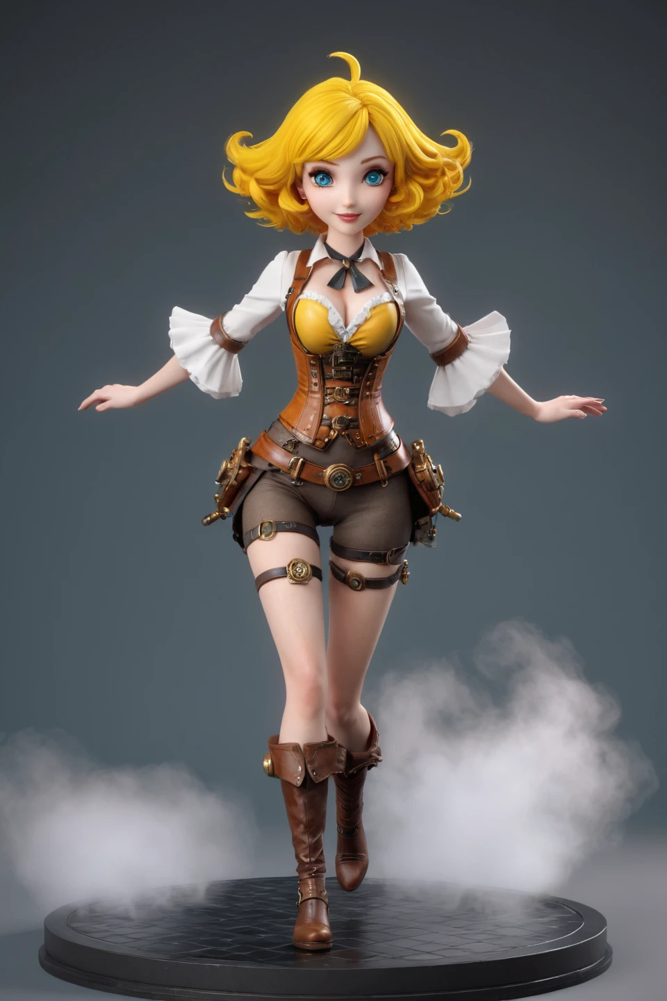 ((Full body photo, standing, feet on the floor)) Adorable 3D Character of (solo, full body photo:1.3), (action packed:1.3) (jumping:1.3), (haze, fog, mist:1.3), chiaroscuro, AnalogRedmAF slut lady, standing, water 8k, absurdres, vivid colors, matte yellow hair, spunky Steampunk adult 20yo woman, brass machinery perfect eyes 3D render, adorable character, 3D art