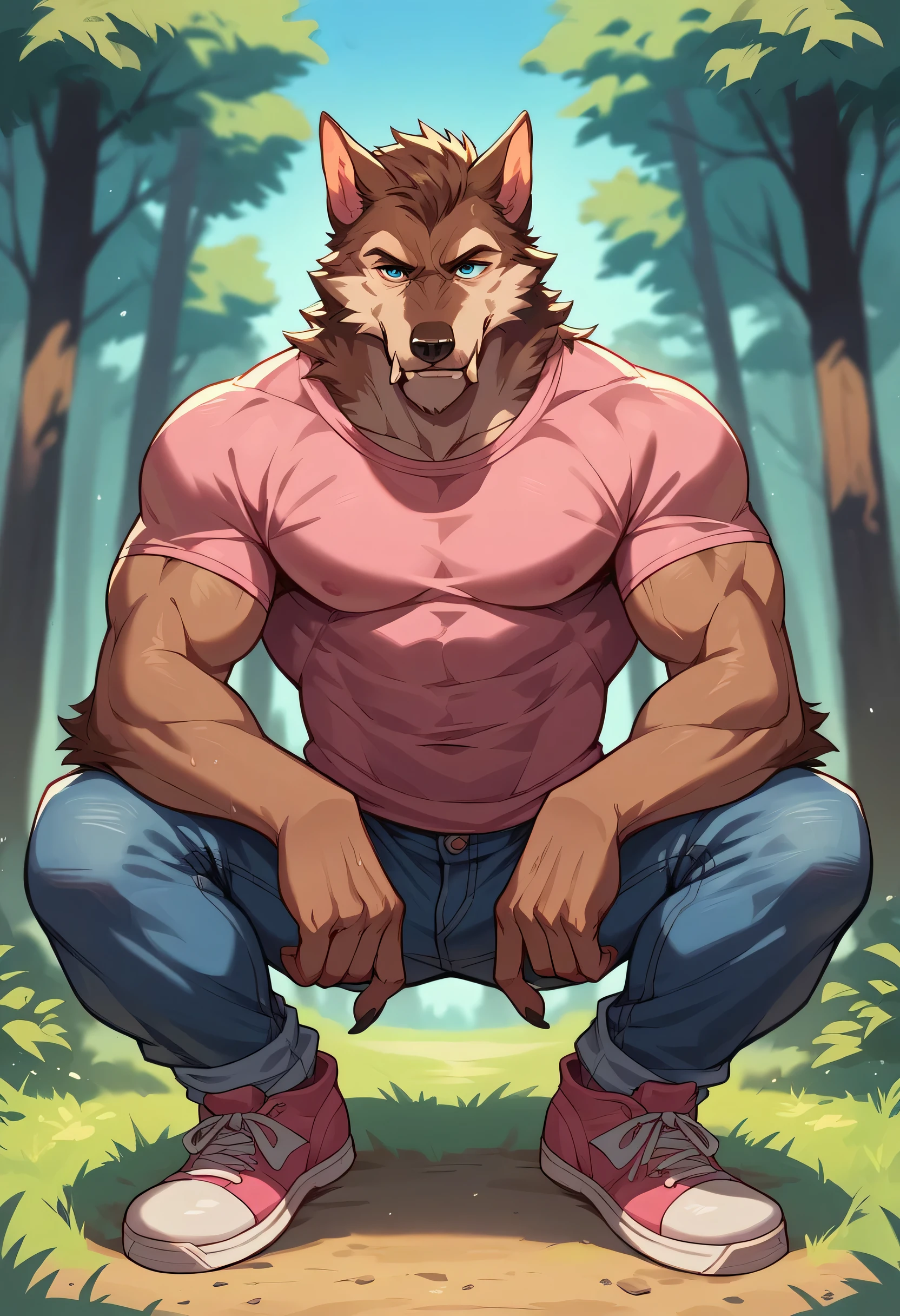 (soft shading), 4k, hi res, ((detailed face, detailed, Best quality, masterpiece, detailed anatomy, detailed eyes, detailed hands, perfect lighting, perfect shading)), by Buta99, by Zackary911, Wolf, 1male, solo, orange eyes, dark brown furs body, big pecs, tail, muscular body, tight white shirt, black shorts, bulge, in the park