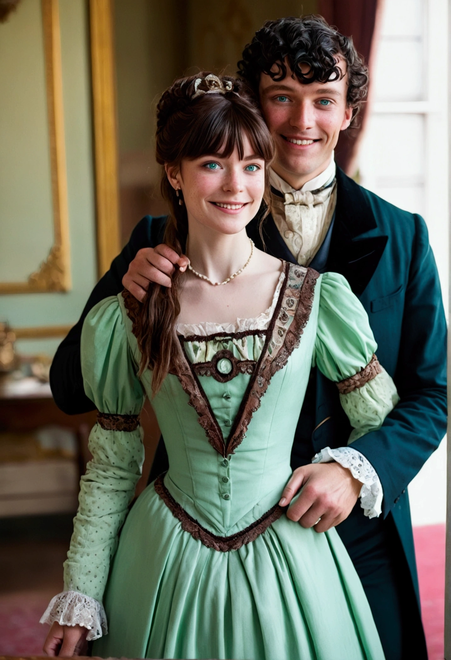 Woman with brown hair and bangs, victorian style hairstyle, Victorian era dress with freckles on her face and light green eyes with her husband at a period ball. Black hair man, clear blue eyes and smile with period suit.
