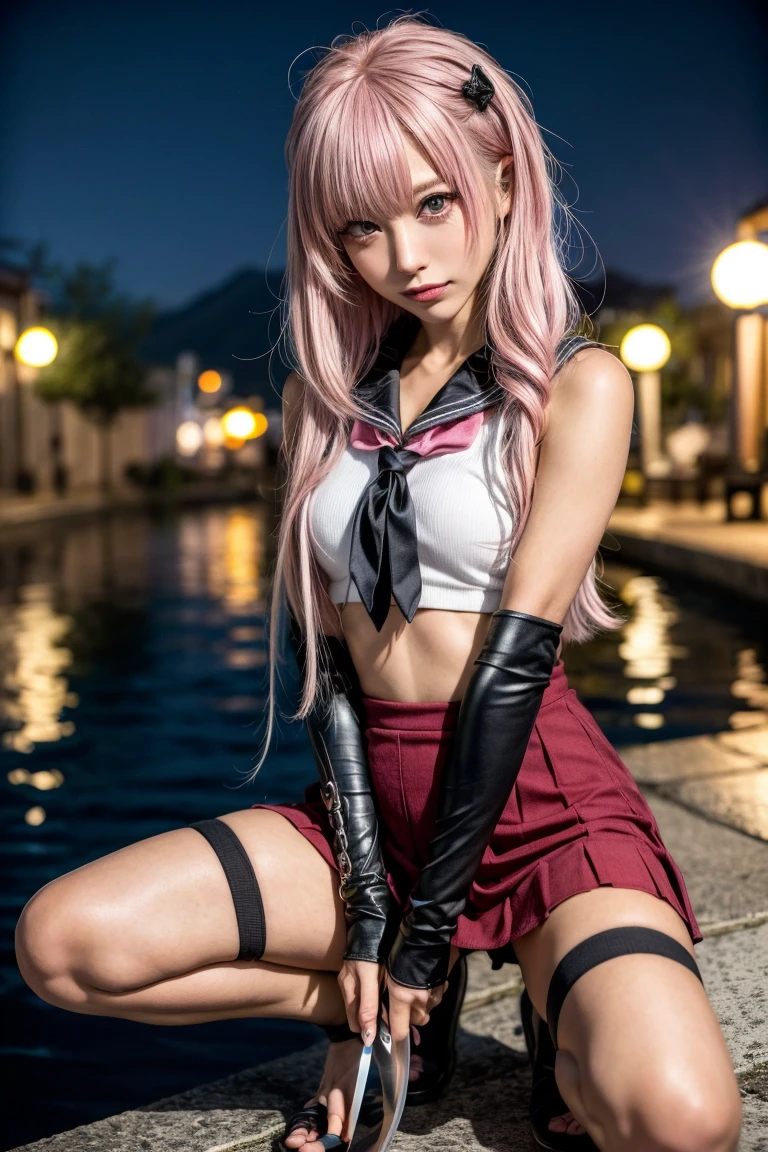 Highest quality, Tabletop, 超High resolution, (Realistic:1.4), (Japanese Idols),RAW Photos, One Girl, night,Detailed skin,,Blonde, (Pink inner hair:1.3),Glossy Lips,smile,(Model pose:1.2),21 years old,Beautiful and beautiful eyes,Dragon Quest,(Ultra HD, Highest quality, High resolution, 超Realisticな, so beautiful), 24000dpi, Beautiful woman,Anime girl with purple hair and purple eyes in water, anime style like fate/Stay Night, Fascinatingアニメの女の子, Gap Moe Yandere Grimdark, Anime girl crouching, Female Action Anime Girl, Nightcore, Ahegao, Dark purple hair and cybernetics, Devil Anime Girl, Bloodstained, Danganronpa digital art, Long Tail, Well-formed eyes, greatest visual acuity, 18-year-old, Fascinating, Totally American, Perfect body, Physical Beauty, ((Japanese Sailor Suit:1.2, Ultra mini skirt, Seraphim, ＪＫ)), (((all, 2 Foot Knife, He has an electric Japanese sword., Bidirectional))), Blue Lightning, Charge Move, (Special Move Stance), All-in-one, Confused, (Seven knives fly around her), (((Anatomically correct))), whole body