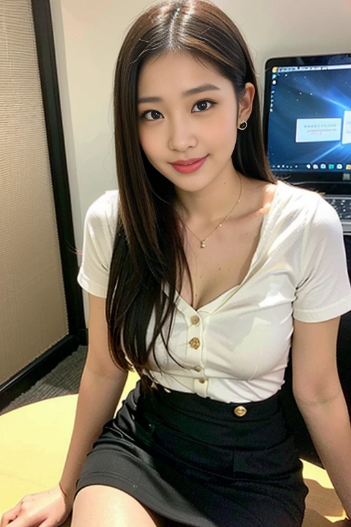 (A beautiful Japanese office lady, age 28, , chatting with her favourite AI on a laptop, after office hours, wearing formal White shirt with buttons & black pencil skirt,

Friendly and feminine expressions, kind smile, dimpled cheeks, cute snaggle-tooth,  symmetrical face, realistic detailed face, beautiful detailed facial features, beautiful detailed eyes, natural lips, short bob hair, short ponytail, perfect body proportions, perfect body anatomy, ample round bosoms,

 photorealistic, hyper-realism, high contrast, ultra HD, realistic skin textures, top image quality, top-quality, super high resolution, fine details, very meticulously, masterpiece, vivid colours, head to knees, serene ambience, High Angle Shot, night bokeh background, SFW) #TeamPositive