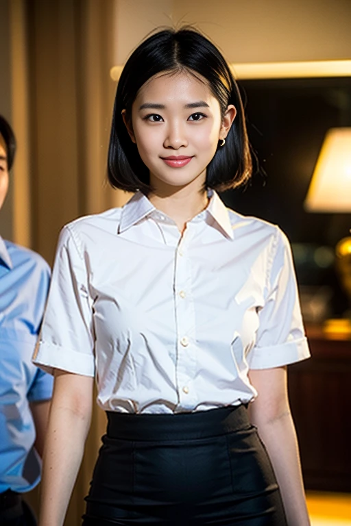 (A beautiful Japanese office lady, age 28, , chatting with her favourite AI on a laptop, after office hours, wearing formal White shirt with buttons & black pencil skirt,
Friendly and feminine expressions, kind smile, dimpled cheeks, cute snaggle-tooth, symmetrical face, realistic detailed face, beautiful detailed facial features, beautiful detailed eyes, natural lips, short bob hair, short ponytail, perfect body proportions, perfect body anatomy, ample round bosoms,
photorealistic, hyper-realism, high contrast, ultra HD, realistic skin textures, top image quality, top-quality, super high resolution, fine details, very meticulously, masterpiece, vivid colours, head to knees, serene ambience, High Angle Shot, night bokeh background, SFW) #TeamPositive