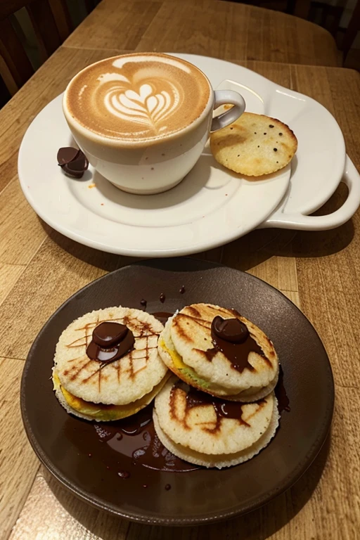 high quality Andean arepas, con toppings de chocolate y miel, next to the Andean arepas a coffee with milk